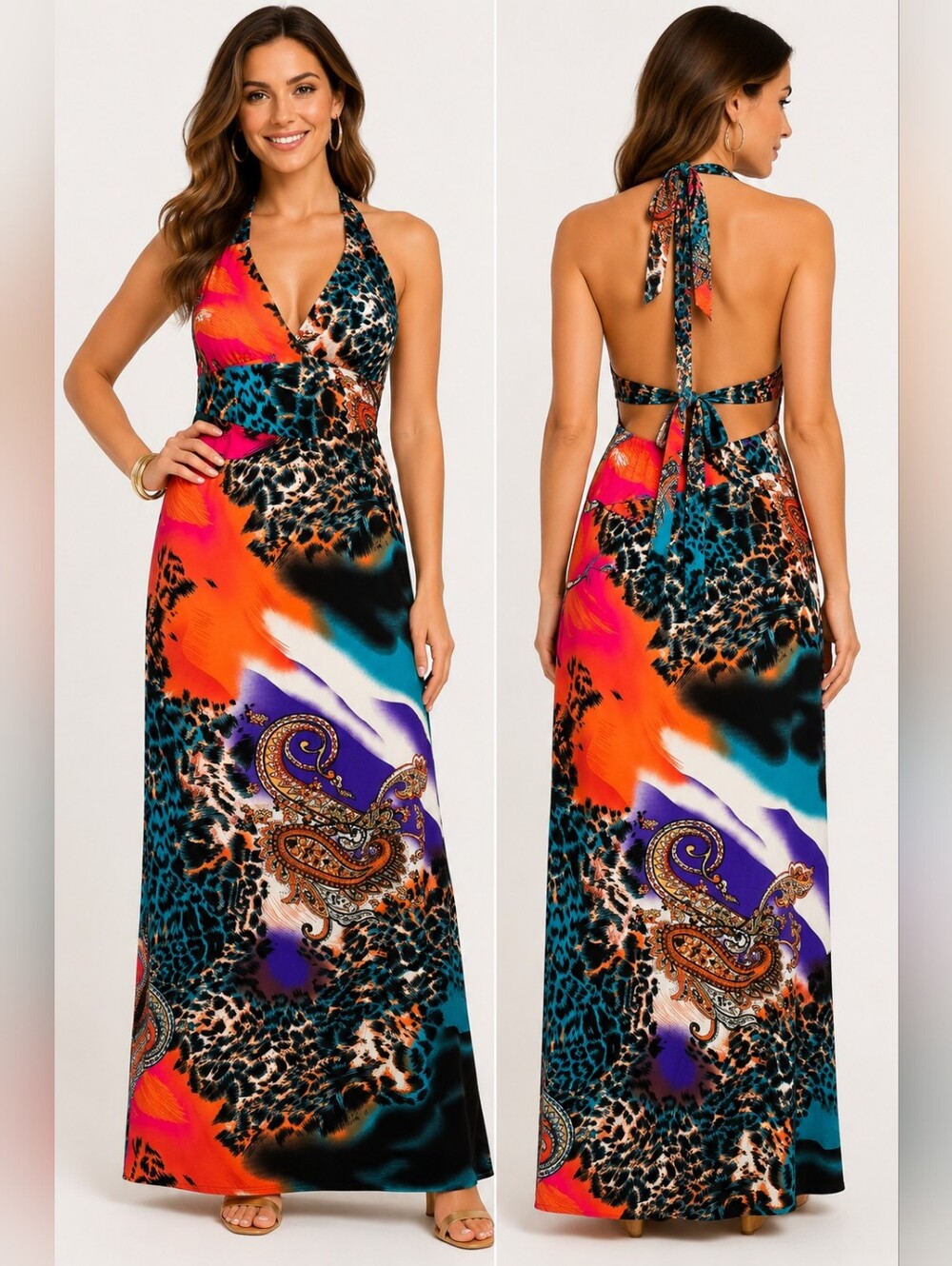 ✨ IB Diffusion Halter Maxi Dress | Animal Print Paisley | Tropical Statement Dre - Picture 1 of 9